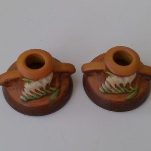 S/2 Vintage Ceramic Roseville Pottery Brown / Tan Freesia Candlestick Holders
